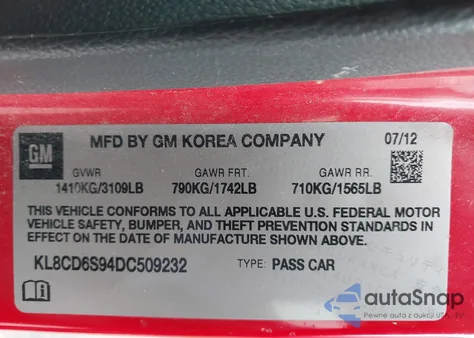 2013 Chevrolet Spark 1Lt Auto z USA, uszkodzony, nr VIN KL8CD6S94DC509232